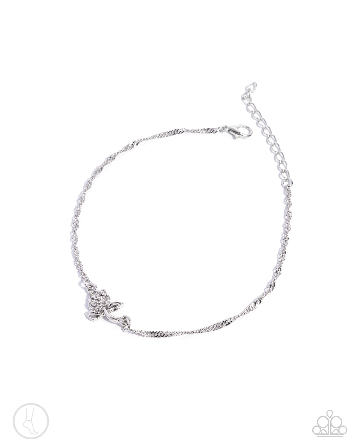 Rose Review Silver Anklet - Paparazzi Accessories Featuring a metallic silver finish, a glistening rose is linked along the center of a sleek silver singapore chain around the ankle for a glistening garden-inspired display. Features an adjustable clasp closure. Sold as one individual anklet. P9AN-SVXX-056XX