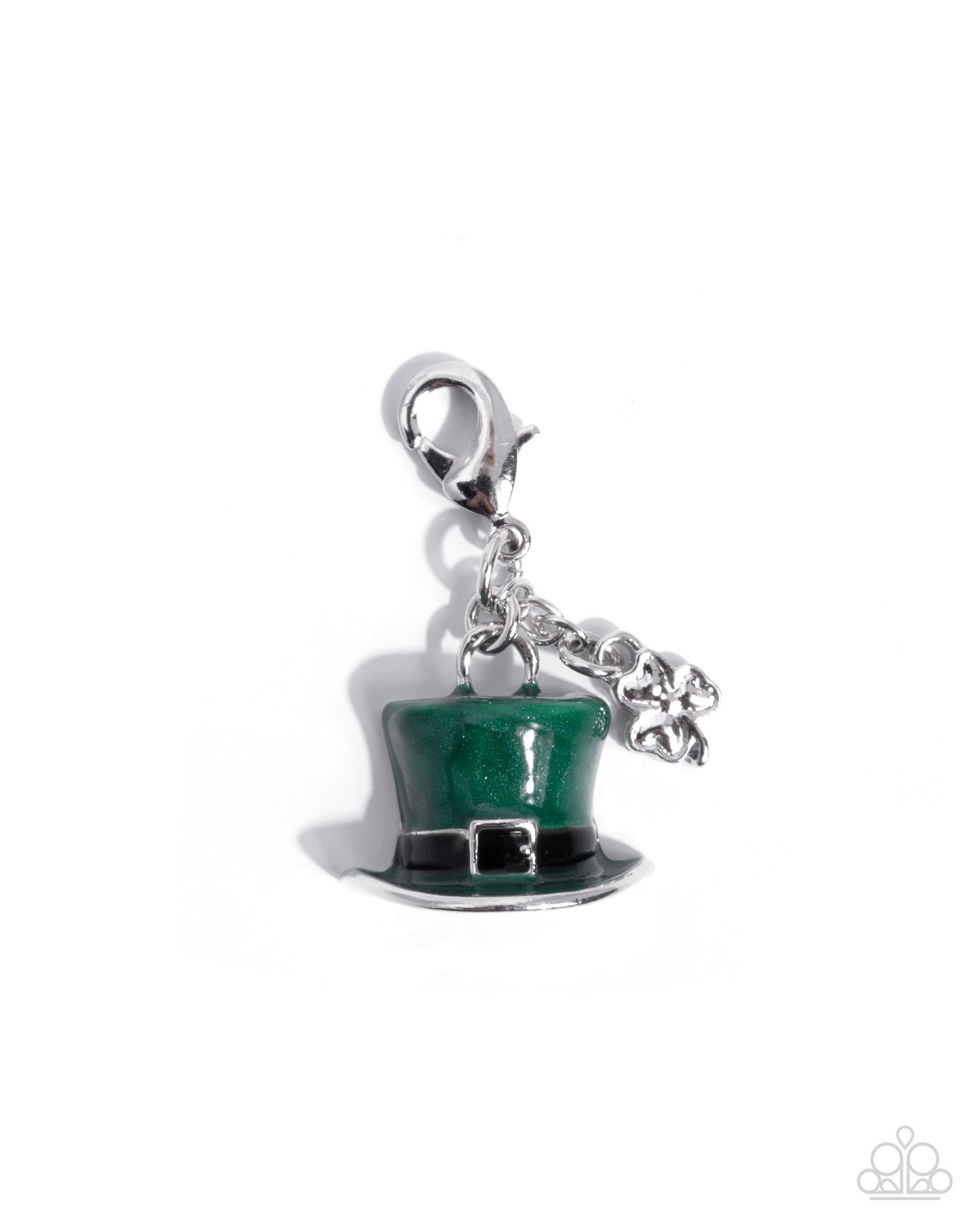 Green top hat charm with silver accents on a white background