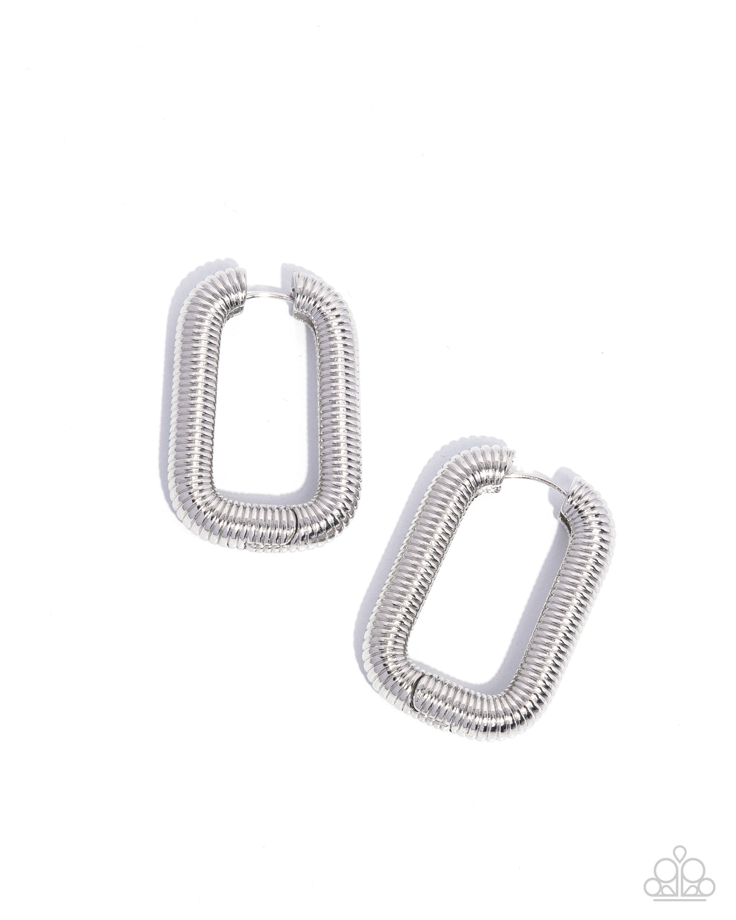 Spiral Supply Silver Hinge Hoop Earring - Paparazzi Accessories Featuring a reflective sheen, tightly bound curls of silver loop around a rectangular silver frame for a timelessly textured look. Earring attaches to a standard hinge closure fitting. Hoop measures approximately 1" in diameter. Sold as one pair of hoop earrings. P5HO-SVXX-403XX
