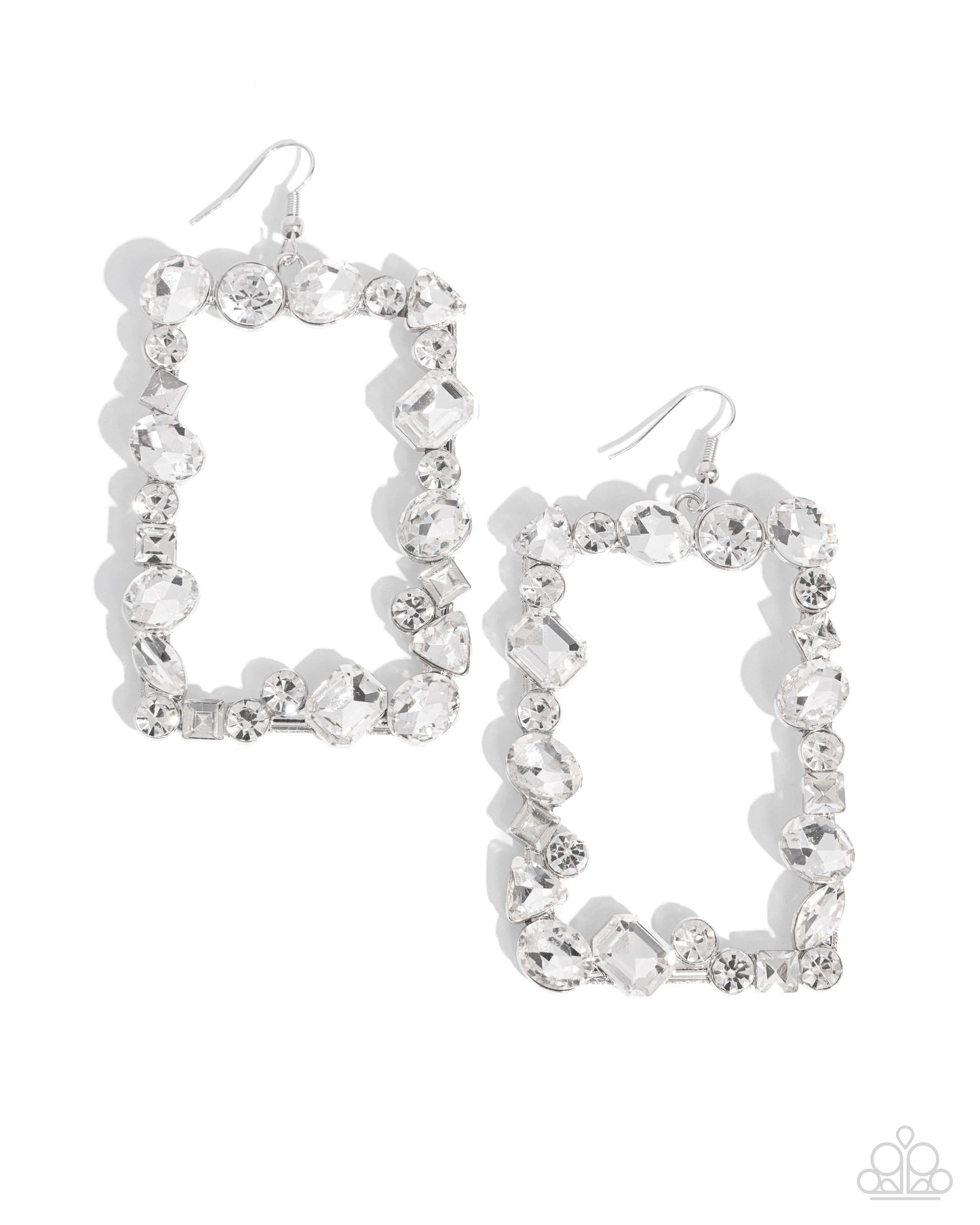 Wishful Wardrobe White Rhinestone Earring - Paparazzi Accessories Featuring a collection of highly faceted and reflective white gems in round, oval, square, marquise-cut, triangular, and emerald-cuts, an oversized silver rectangular frame swings from the ear for a refined lure. Earring attaches to a standard fishhook fitting. Sold as one pair of earrings. P5ST-WTXX-081XX