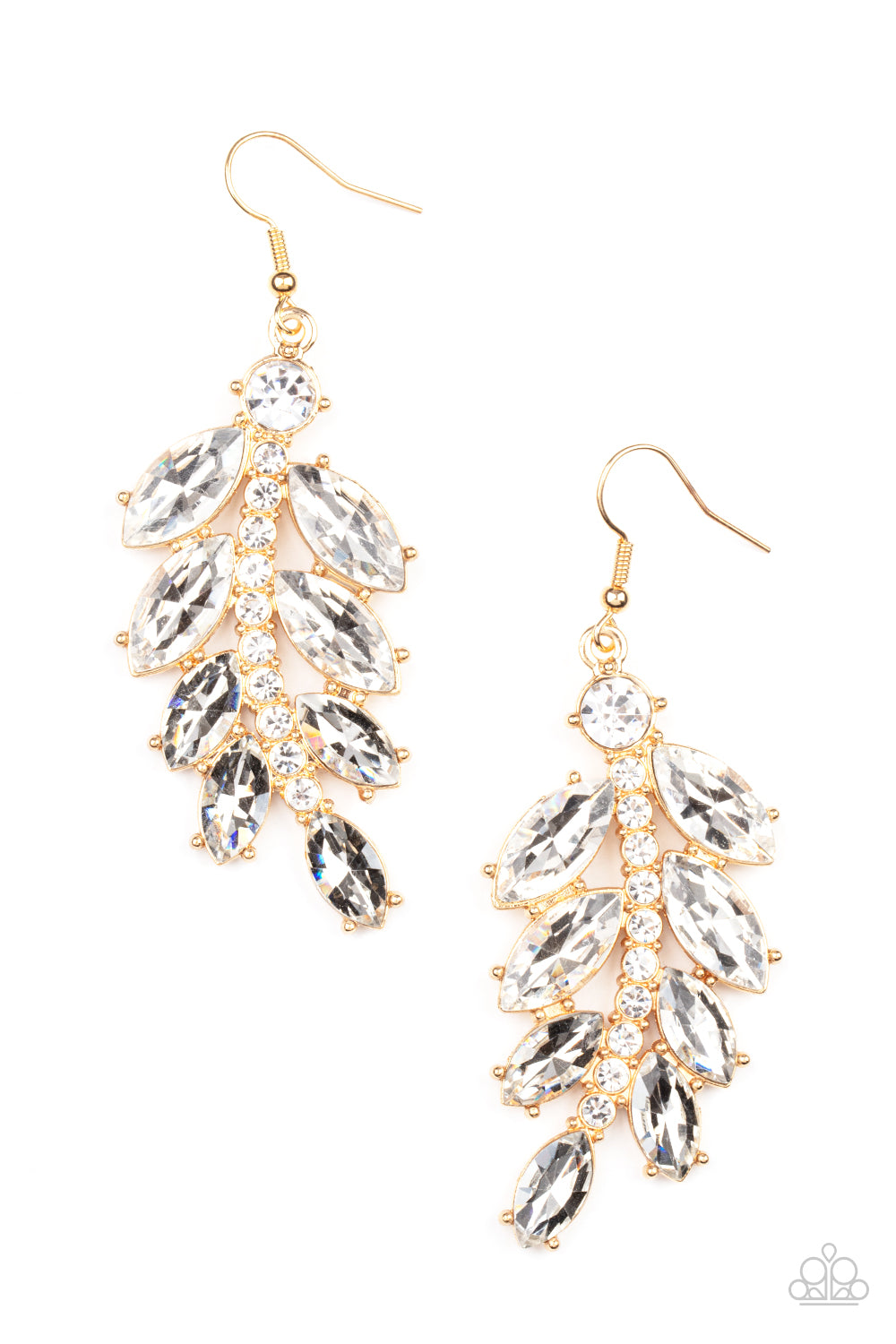 Ice Garden Gala Gold Earring - Paparazzi Accessories Oversized marquise cut white rhinestones fan out from a curved gold bar encrusted in glassy white rhinestones, resulting into a glamorously leafy statement piece. Earring attaches to a standard fishhook fitting. Sold as one pair of earrings.