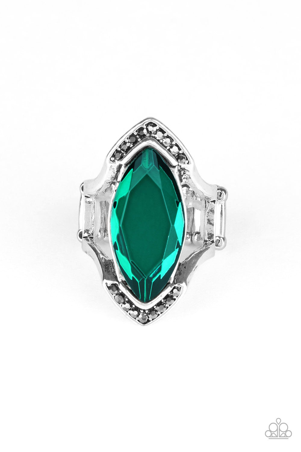 Leading Luster - Green Smoky hematite rhinestones are encrusted across the top and bottom angles of an airy silver frame. Featuring a faceted finish, a boldly cut green gem is nestled between the arcing bars for an edgy fashion. Features a stretchy band for a flexible fit. Sold as one individual ring.