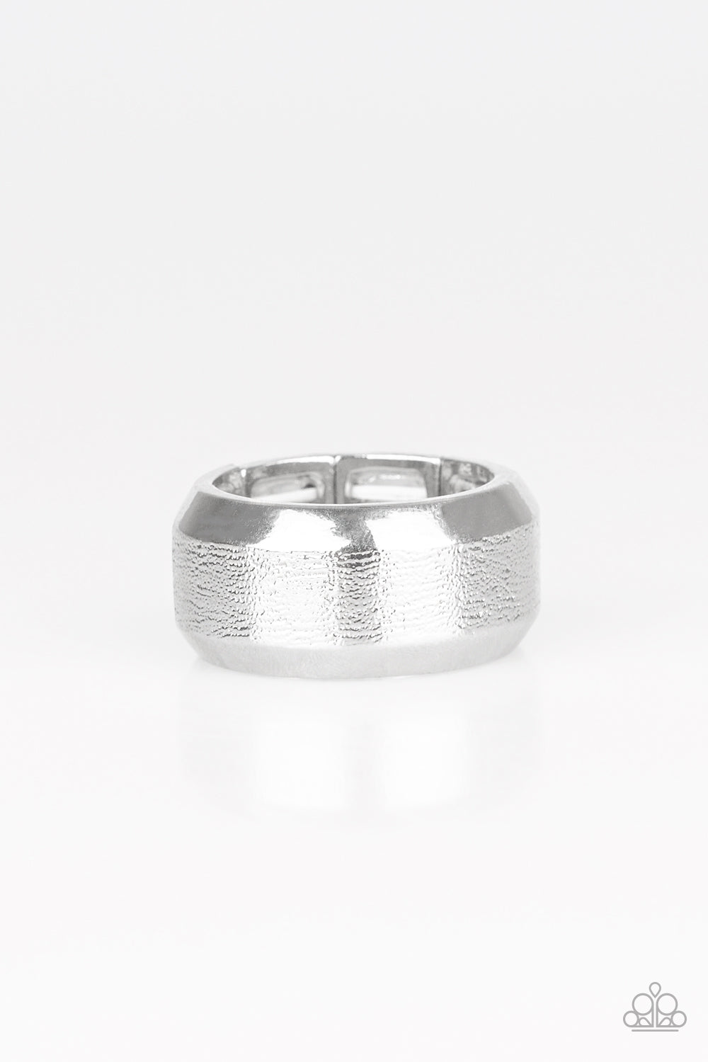 Checkmate - Silver Band Men's Collection 2019 One Life Convention Paparazzi Jewelry Ring The center of a beveled silver band has been delicately hammered in shimmery detail for a metro inspired look. Features a stretchy band for a flexible fit. Sold as one individual ring.