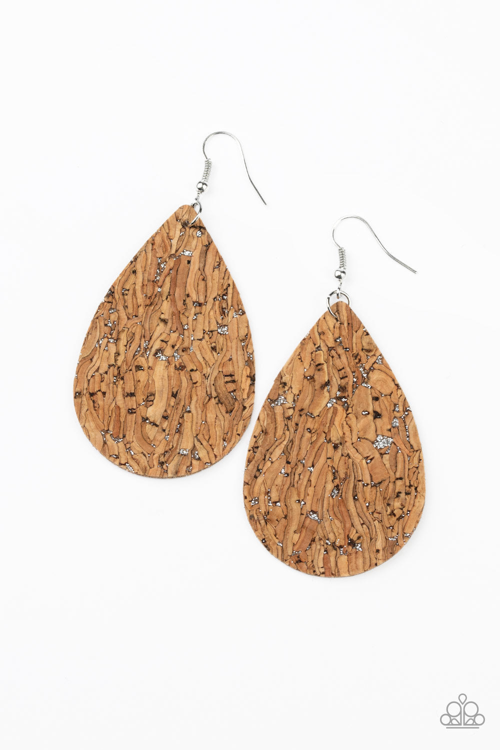 CORK It Over - Silver Item #JJG-E254 Flecked in silver, a cork-like teardrop frame swings from the ear for a seasonal look. Earring attaches to a standard fishhook fitting. All Paparazzi Accessories are lead free and nickel free! Sold as one pair of earrings.