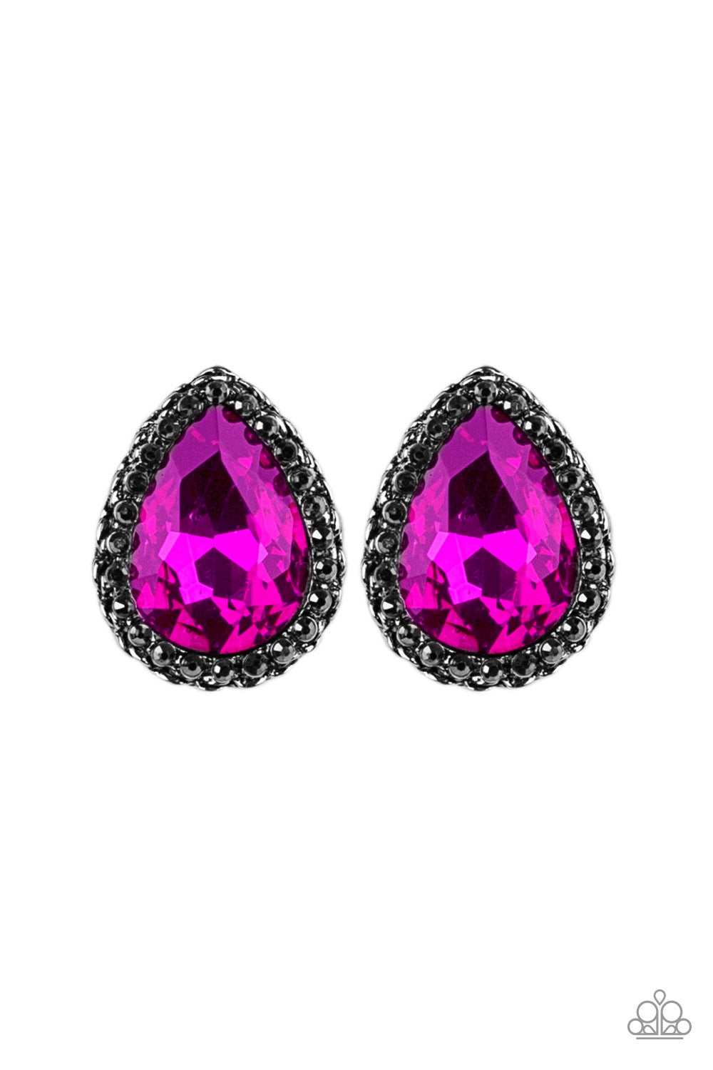 Dare To Shine - Pink Item #E427 Encrusted in a ring of glittery hematite rhinestones, an overly dramatic pink teardrop gem is pressed into a textured silver frame for a grunge-glamorous look. Earring attaches to a standard post fitting. All Paparazzi Accessories are lead free and nickel free! Sold as one pair of post earrings.
