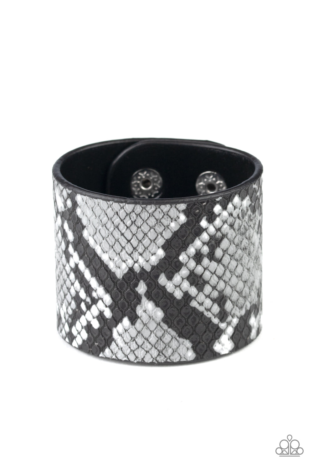 The Rest Is HISS-tory Silver Animal Print Wrap Bracelet - Paparazzi Accessories Featuring gray and black python print, a thick black leather band wraps around the wrist for a wild fashion. Features an adjustable snap closure. Sold as one individual bracelet. 