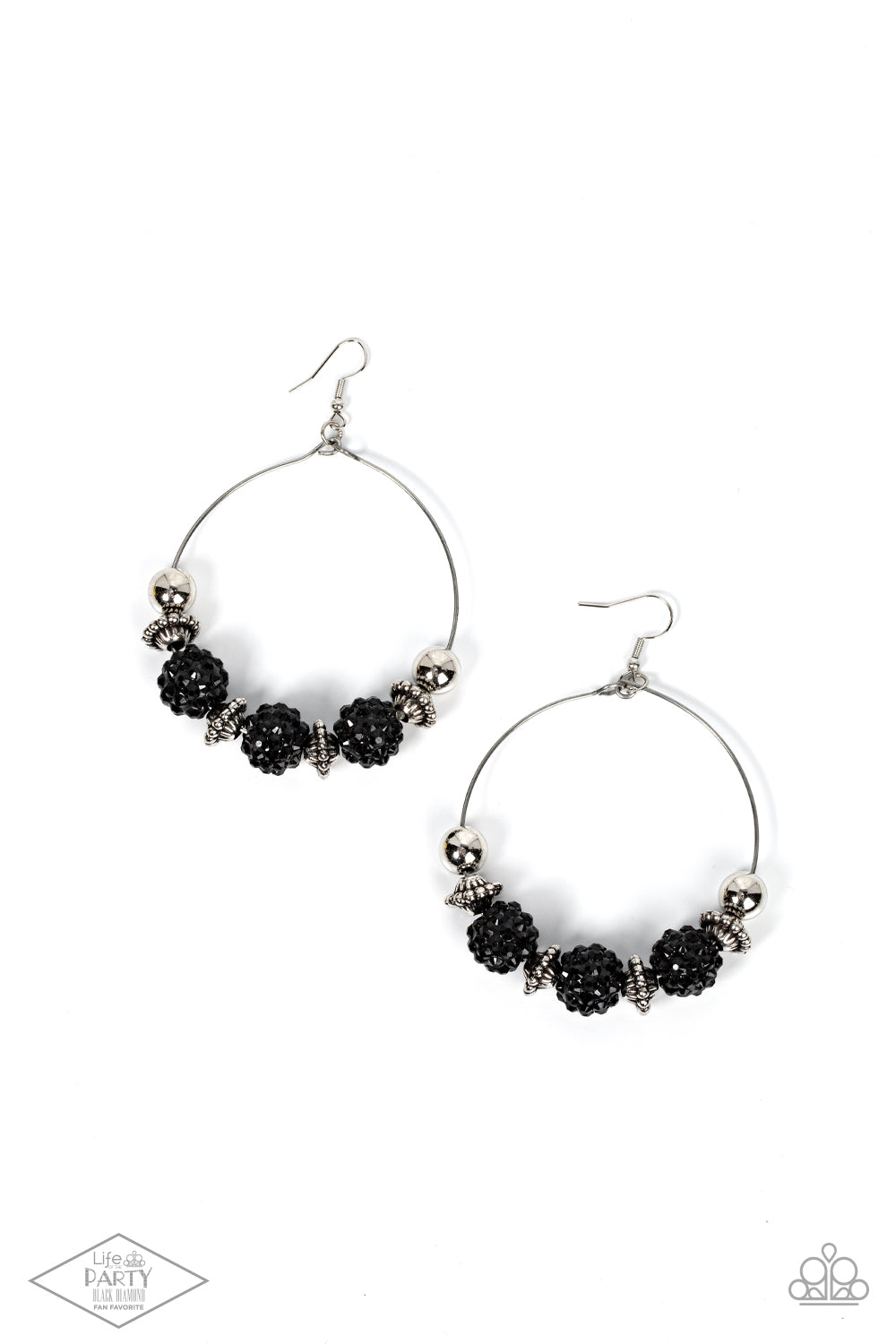 I Can Take a Compliment Black Earring - Paparazzi Accessories A stunning array of studded silver accents, oversized silver beads, and black rhinestone encrusted beads are threaded along a dainty silver wire hoop, resulting in a dazzling pop of color. Earring attaches to a standard fishhook fitting. Sold as one pair of earrings. This Fan Favorite is back in the spotlight at the request of our 2021 Life of the Party member with Black Diamond Access, Crystal R.
