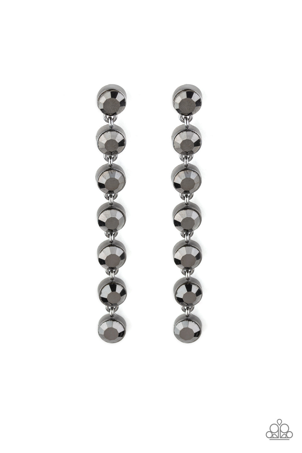 Dazzling Debonair - Black Item #E402 Featuring sleek gunmetal fittings, a collection of oversized hematite rhinestones drip from the ear for a glamorous look. Earring attaches to a standard post fitting. All Paparazzi Accessories are lead free and nickel free! Sold as one pair of post earrings.
