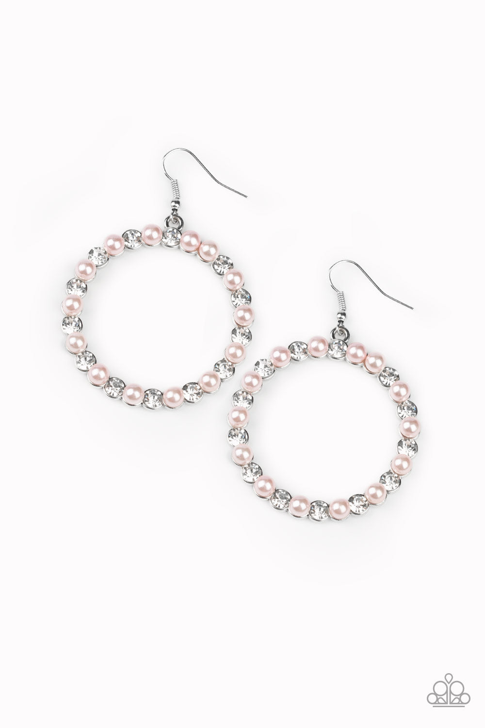 Pearl Palace - Pink Bubbly pink pearls and glassy white rhinestones alternate along the front of a shimmery silver hoop for a timeless look. Earring attaches to a standard fishhook fitting. All Paparazzi Accessories are lead free and nickel free! Sold as one pair of earrings.