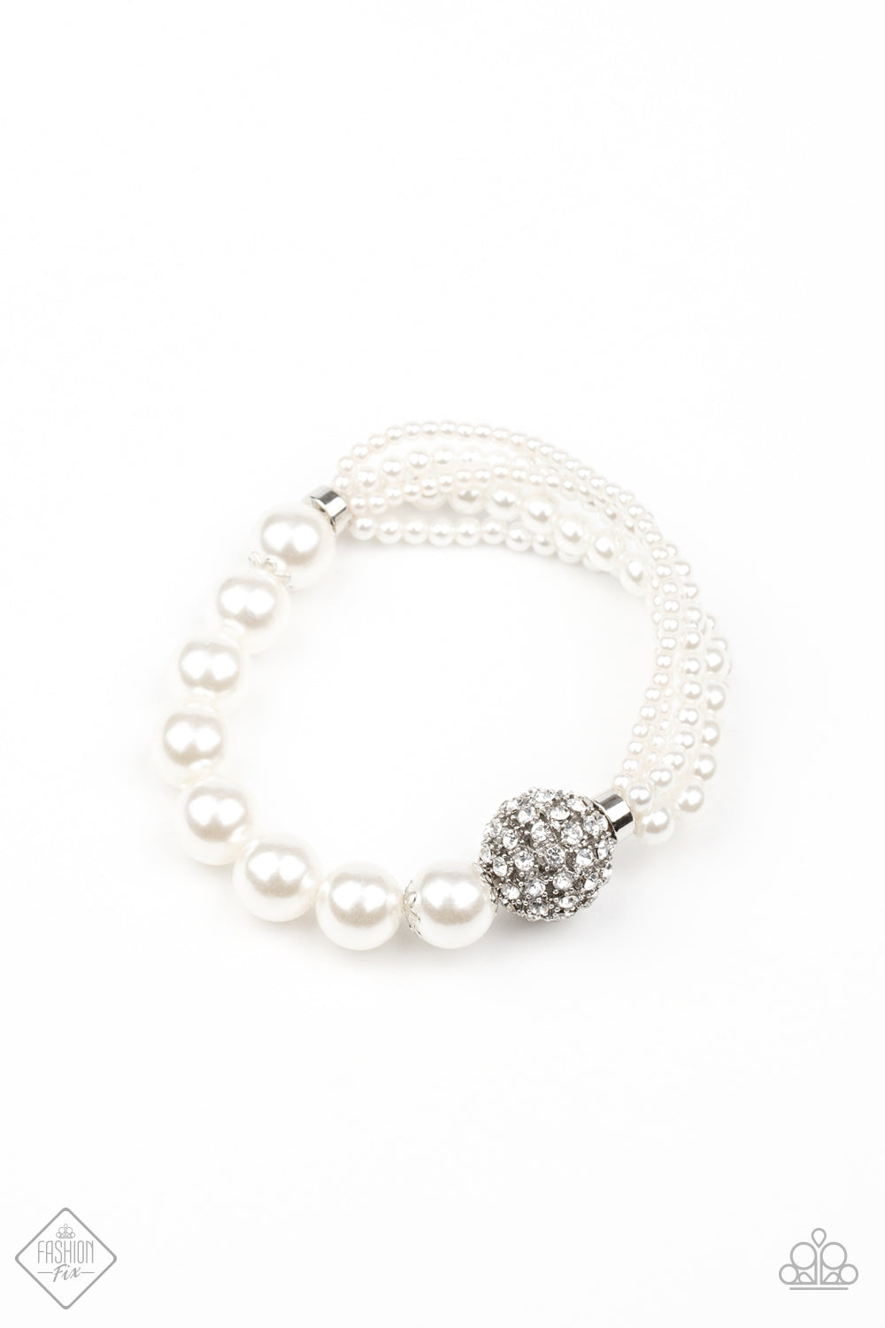 Show Them The DOOR White Bracelet - Paparazzi Accessories Item #B335 Featuring comfortable stretchy bands, a white rhinestone-encrusted silver bead connects strands of mismatched white pearls and a single strand of classic white pearls around the wrist in a timeless twist. All Paparazzi Accessories are lead free and nickel free! Sold as one individual bracelet.