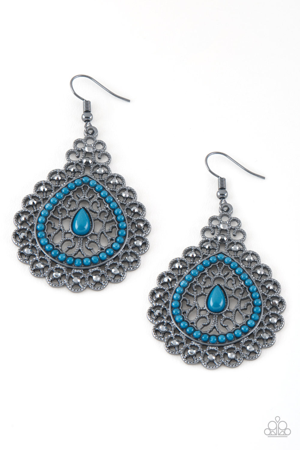 Carnival Courtesan Blue Earring - Paparazzi Accessories Regal gunmetal filigree climbs a teardrop shaped frame, coalescing into a glistening frame. Dainty blue beads adorn the center of the frame, while glittery hematite rhinestones embellish the outer frame for a refined finish. Earring attaches to a standard fishhook fitting. All Paparazzi Accessories are lead free and nickel free! Sold as one pair of earrings.