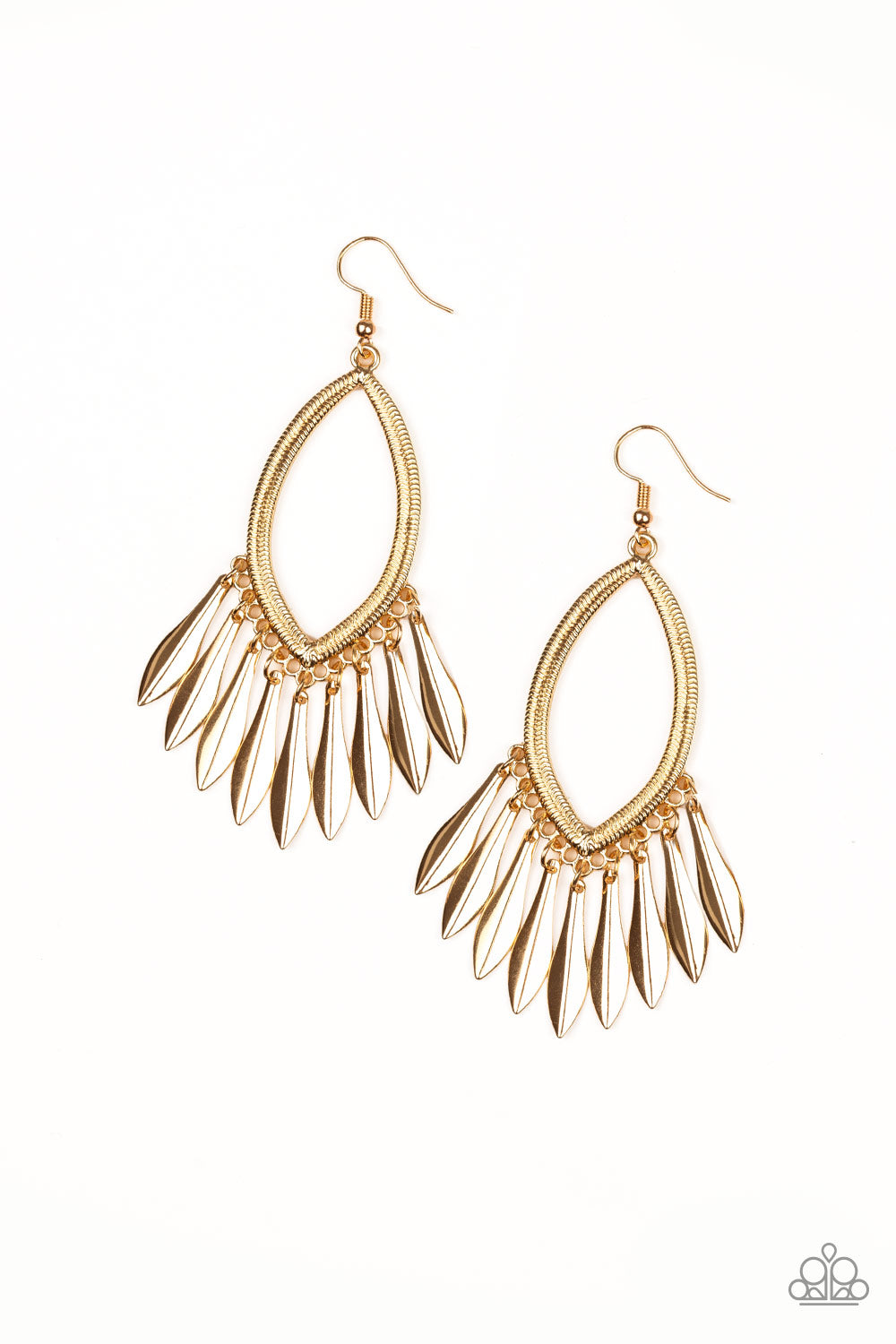 My FLAIR Lady Gold Earring - Paparazzi Accessories Flared gold frames swings from the bottom of a textured marquise-shaped frame, creating an edgy fringe. Earring attaches to a standard fishhook fitting. Sold as one pair of earrings.