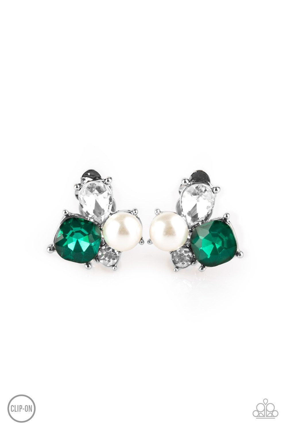Highly High-Class Green Clip-On Earring - Paparazzi Accessories Featuring a classic pearl, mismatched green and white rhinestones join into a radiant frame. Earring attaches to a standard clip-on fitting. All Paparazzi Accessories are lead free and nickel free! Sold as one pair of clip-on earrings.