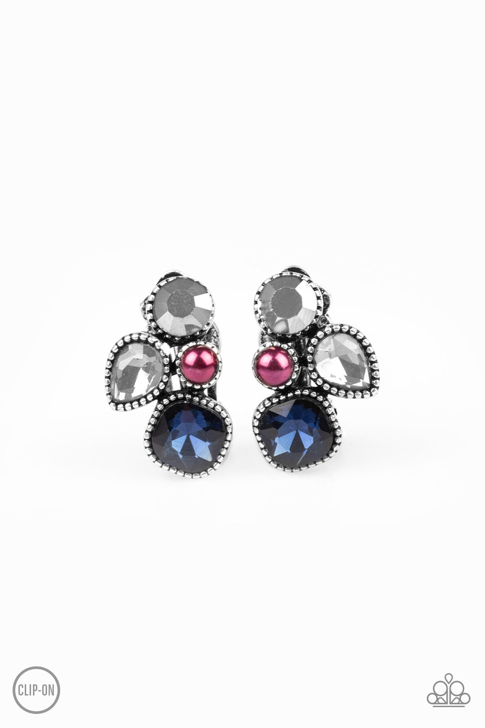 Super Superstar Multi Clip-On Earring - Paparazzi Accessories Infused with a dainty purple pearl, mismatched blue, smoky, and hematite rhinestones coalesce into a glittery frame. Earring attaches to a standard clip-on fitting. All Paparazzi Accessories are lead free and nickel free! Sold as one pair of clip-on earrings.