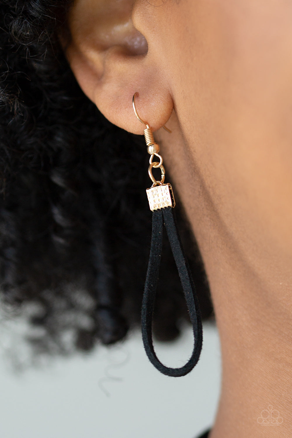 Walk The WALKABOUT Gold Necklace - Paparazzi Accessories Glistening gold rods slide along strips of black suede, creating earthy layers below the collar. Features an adjustable clasp closure. All Paparazzi Accessories are lead free and nickel free! Sold as one individual necklace. Includes one pair of matching earrings.
