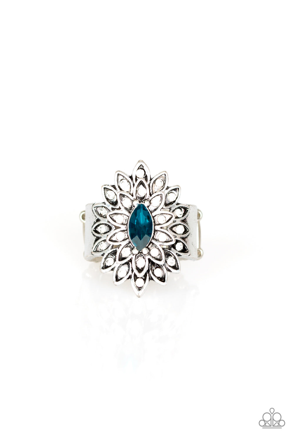 Blooming Fireworks Blue Ring - Paparazzi Accessories Dotted in dainty white rhinestones, silver petals radiate from a regal blue marquise shaped rhinestone center for an edgy look. Features a stretchy band for a flexible fit. Sold as one individual ring.