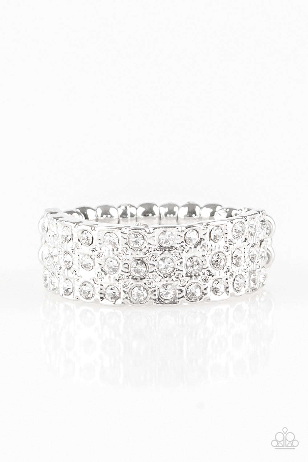 Feeling Fab-YOU-less White Ring - Paparazzi Accessories Row after row of dazzling white rhinestones are encrusted along a dainty silver band, creating timeless shimmer. Features a dainty stretchy band for a flexible fit. All Paparazzi Accessories are lead free and nickel free! Sold as one individual ring.