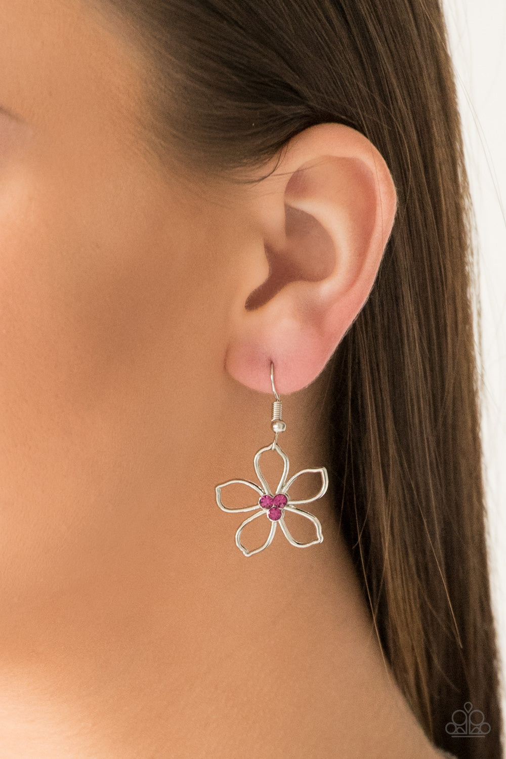 Hoppin Hibiscus Multi Necklace - Paparazzi Accessories Dotted with radiant multicolored rhinestone centers, airy silver flowers link below the collar for a seasonal look. Features an adjustable clasp closure. All Paparazzi Accessories are lead free and nickel free! Sold as one individual necklace. Includes one pair of matching earrings.