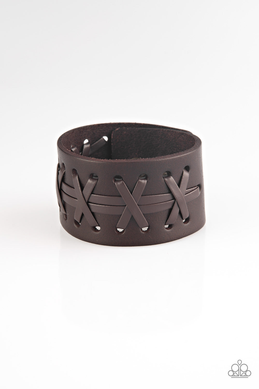 Super Sporty Brown Unisex Wrap Bracelet - Paparazzi Accessories Brown leather cording is laced across the front of a thick leather band for a rugged look. Features an adjustable snap closure. Sold as one individual bracelet. SKU: P9UR-BNXX-381XX