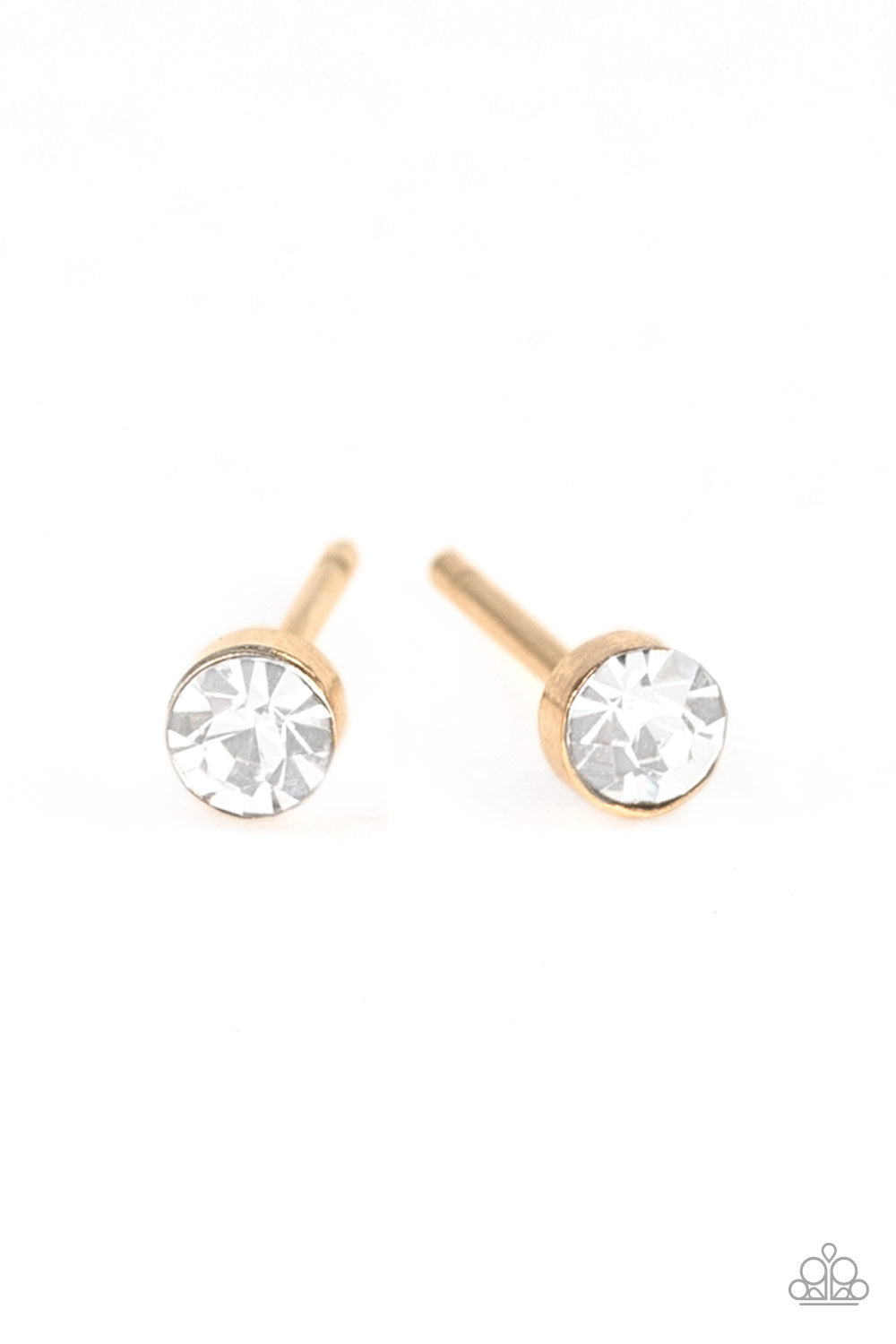 Dainty Decor - Gold Item #E267 A dainty white cubic zirconia is pressed into the center of a sleek gold frame for a timeless look. Earring attaches to a standard post fitting. Features a daintier design to accommodate multiple ear piercings. All Paparazzi Accessories are lead free and nickel free! Sold as one pair of post earrings.
