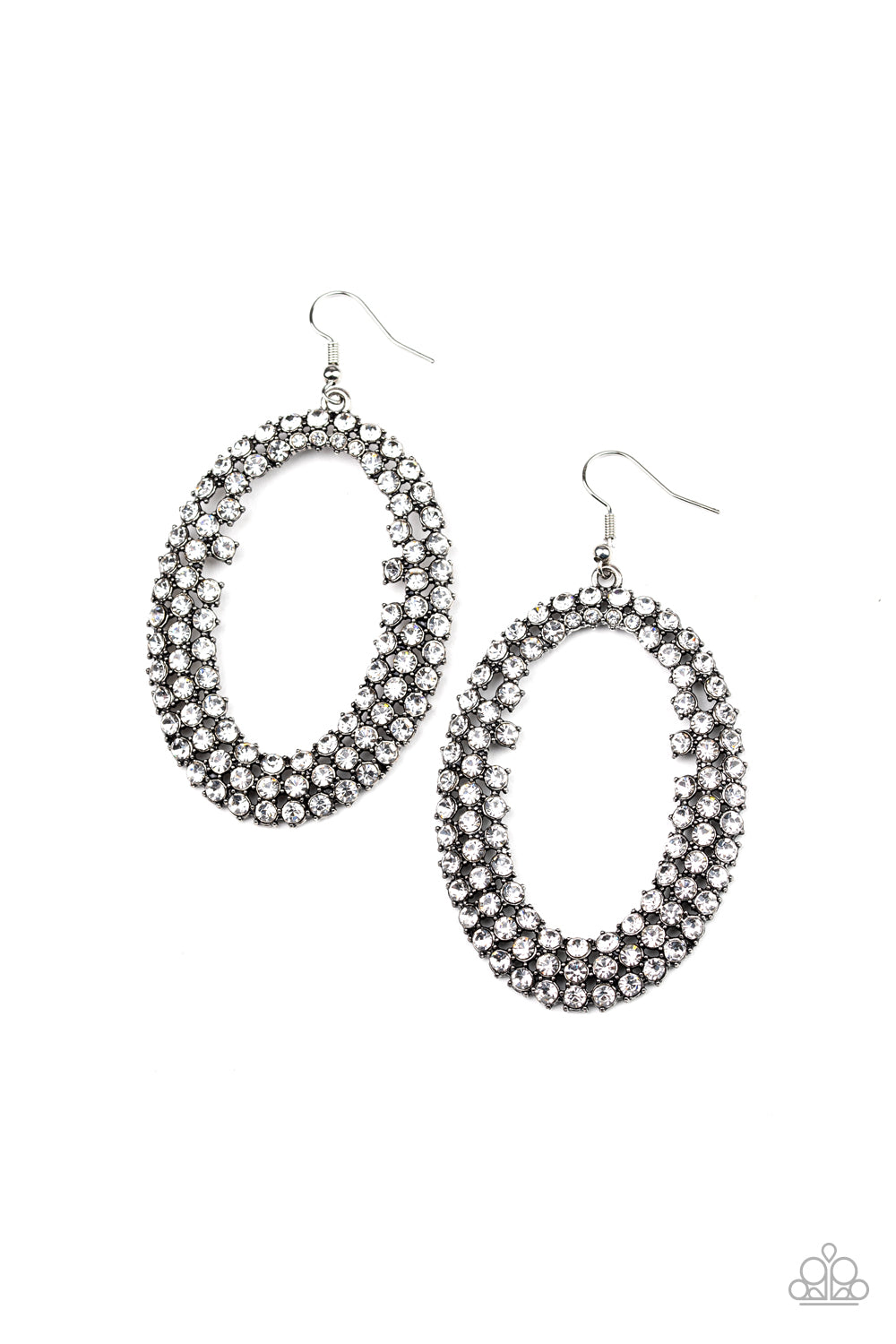 Radical Razzle White Rhinestone Earring - Paparazzi Accessories Item #E407 Row after row of glittery white rhinestones encircle into an oversized hoop, creating a gritty glamorous look. Earring attaches to a standard fishhook fitting. All Paparazzi Accessories are lead free and nickel free! Sold as one pair of earrings.