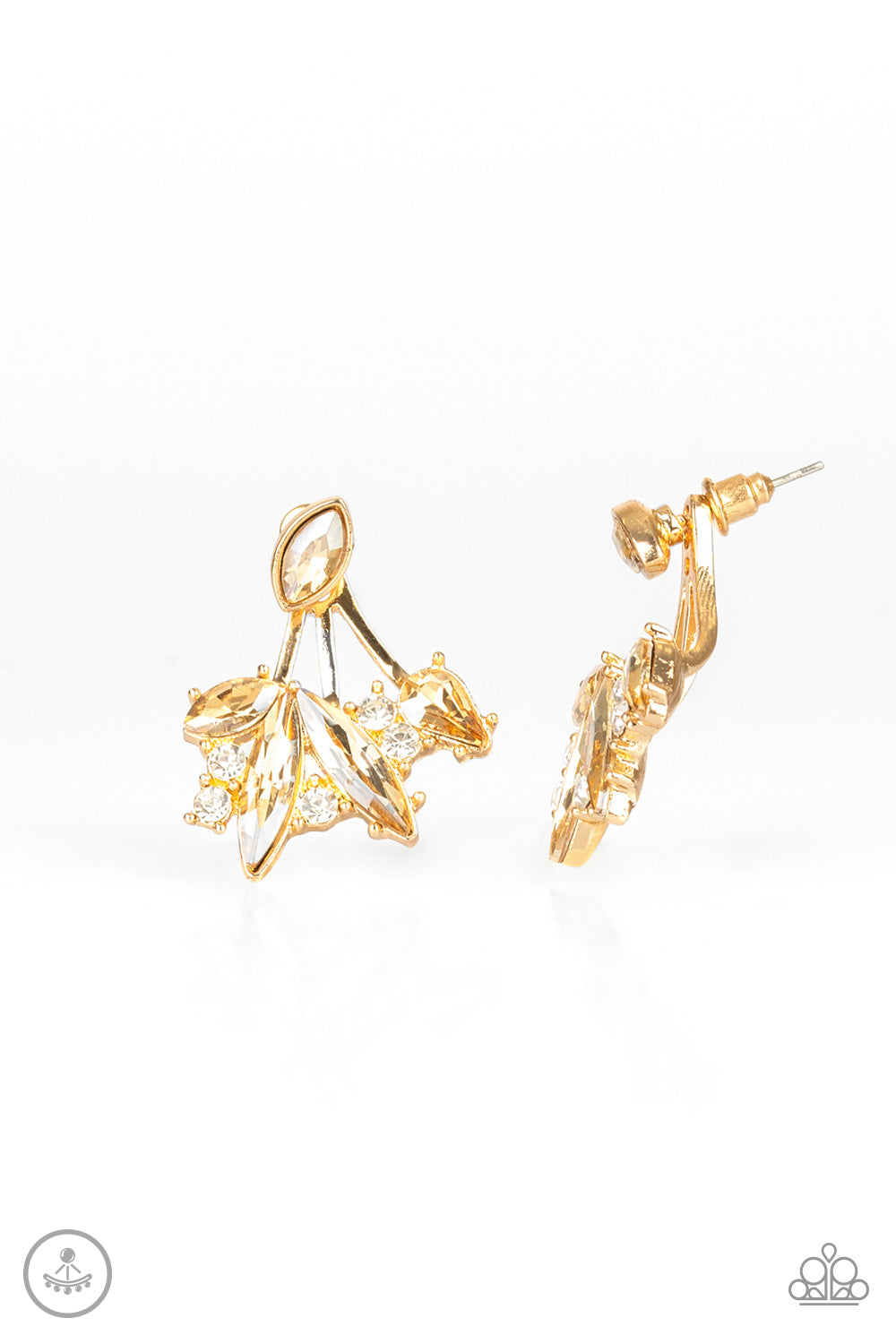 Deco Dynamite Gold Jacket Earring - Paparazzi Accessories A solitaire golden marquise cut rhinestone attaches to a double-sided post, designed to fasten behind the ear. Encrusted in a collision of mismatched white and golden rhinestones, a double-sided post peeks out beneath the ear, creating a glittery fringe. Earring attaches to a standard post fitting. All Paparazzi Accessories are lead free and nickel free! Sold as one pair of double-sided post earrings.
