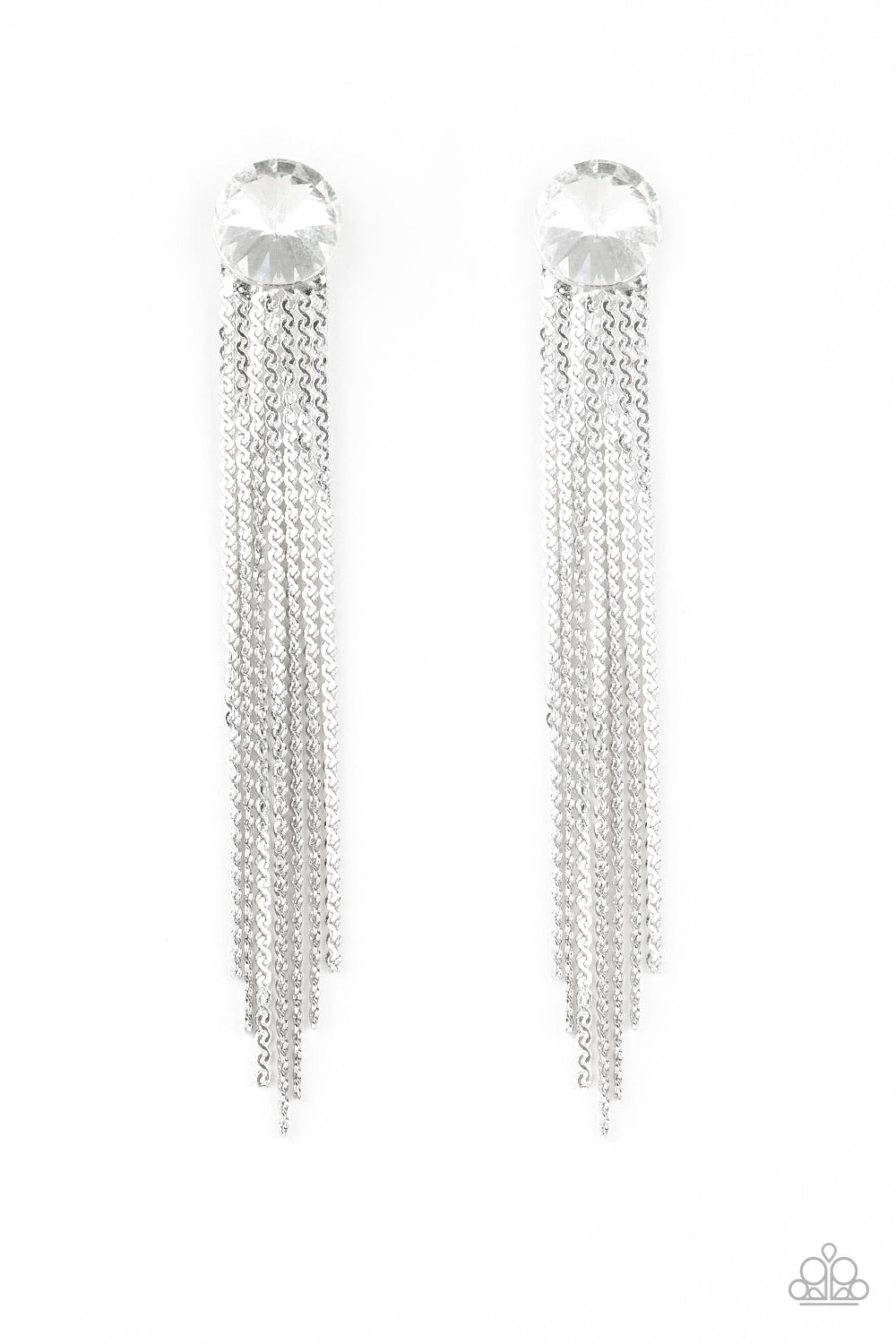 Level Up White Rhinestone Post Earring - Paparazzi Accessories Flat silver chains stream from the bottom of a solitaire white gem, creating a dramatically tapered fringe. Earring attaches to a standard post fitting. Sold as one pair of post earrings.