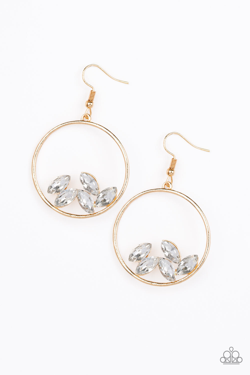 Cue The Confetti Gold Earring - Paparazzi Accessories Glittery white marquise-cut rhinestones collect at the bottom of an airy gold hoop for a glamorous look. Earring attaches to standard fishhook fitting. All Paparazzi Accessories are lead free and nickel free! Sold as one pair of earrings.