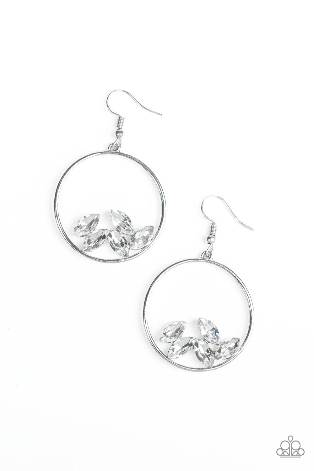 Cue The Confetti White Earring - Paparazzi Accessories Glittery white marquise-cut rhinestones collect at the bottom of an airy silver hoop for a glamorous look. Earring attaches to a standard fishhook fitting. All Paparazzi Accessories are lead free and nickel free! Sold as one pair of earrings.