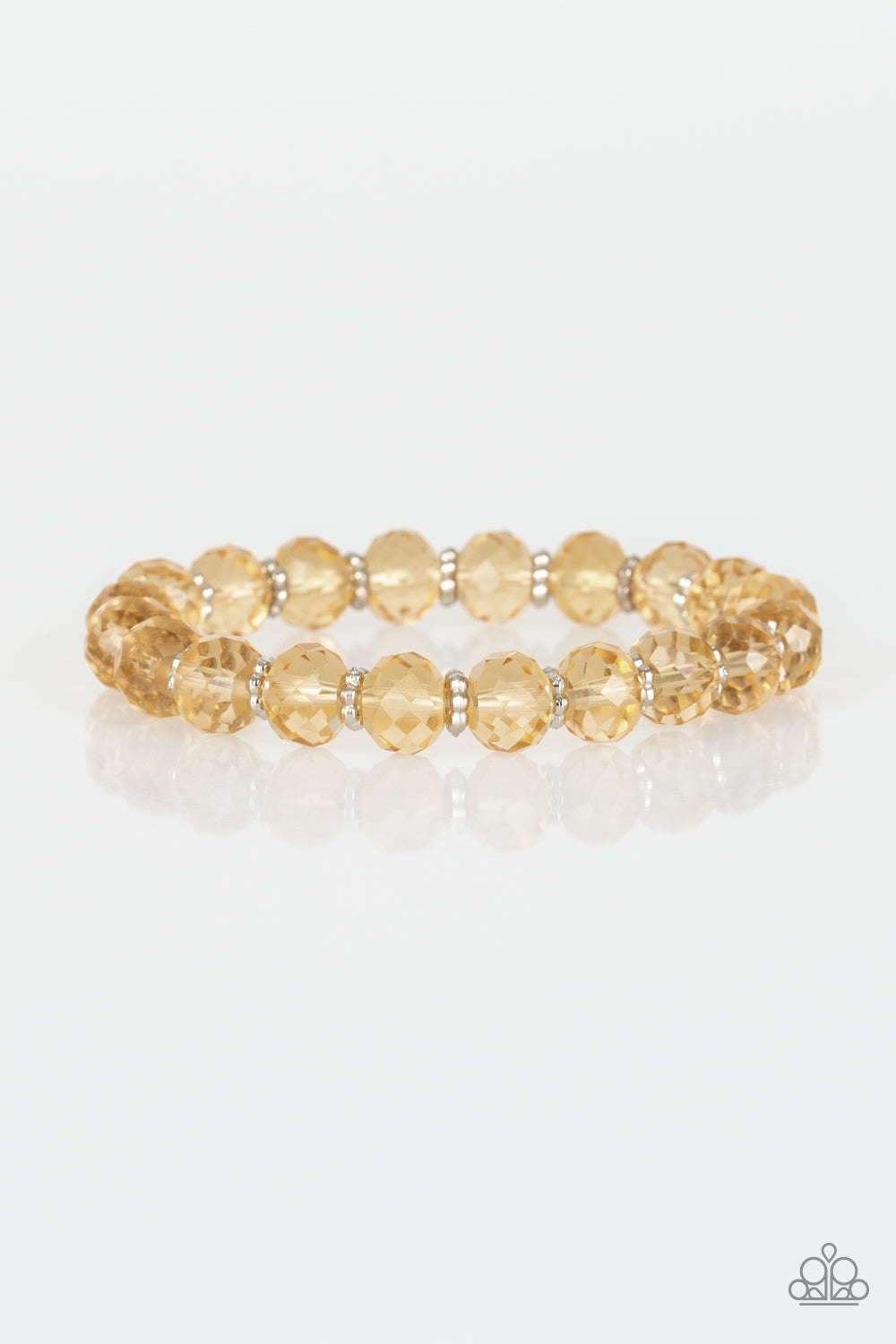 Crystal Candelabras Gold Bracelet - Paparazzi Accessories Glittery crystal-like beads and studded silver rings are threaded along a stretchy band around the wrist for a sophisticated look. All Paparazzi Accessories are lead free and nickel free! Sold as one individual bracelet.