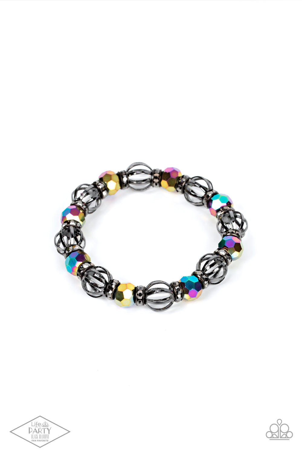 Metro Squad Multi Bracelet - Paparazzi Accessories A collection of airy gunmetal beads, faceted rainbow metallic beads, and hematite rhinestone encrusted rings are threaded along a stretchy band around the wrist for a glamorous look. Sold as one individual bracelet. This Fan Favorite is back in the spotlight at the request of our 2021 Life of the Party member with Black Diamond Access, Ronda N.