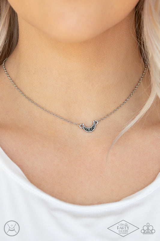 Promise The Moon Silver Choker Necklace - Paparazzi Accessories  Encrusted in smoky rhinestones, a dainty silver half-moon frame attaches to a dainty shimmery chain around the neck for a minimalist inspired fashion. Features an adjustable clasp closure.  Sold as one individual choker necklace. Includes one pair of matching earrings. This Fan Favorite is back in the spotlight at the request of our 2021 Life of the Party member with Black Diamond Access, Lindsay K.