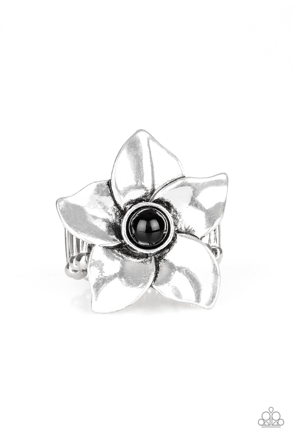 Ask For Flowers Black Ring - Paparazzi Accessories Glistening silver petals fold around a shiny black beaded center, creating a whimsical flower atop the finger. Features a stretchy band for a flexible fit. All Paparazzi Accessories are lead free and nickel free! Sold as one individual ring.