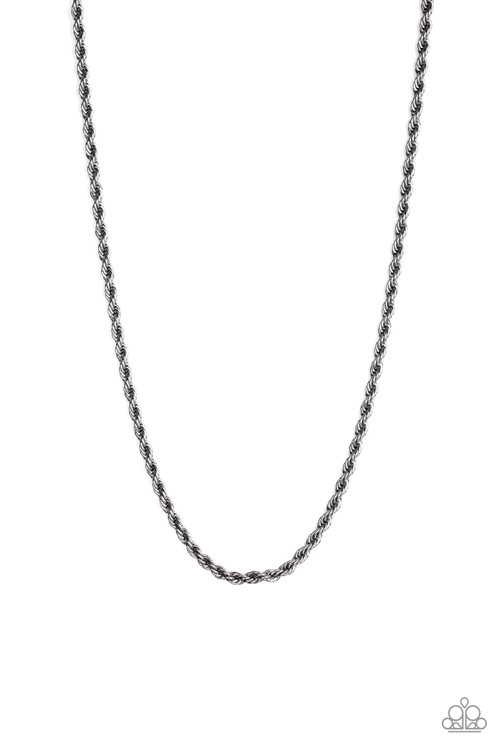 Double Dribble Black Urban Necklace - Paparazzi Accessories. Brushed in a high-sheen finish, a thick gunmetal rope chain drapes across the chest for a classic, upscale look. Features an adjustable clasp closure. All Paparazzi Accessories are lead free and nickel free! Sold as one individual necklace.
