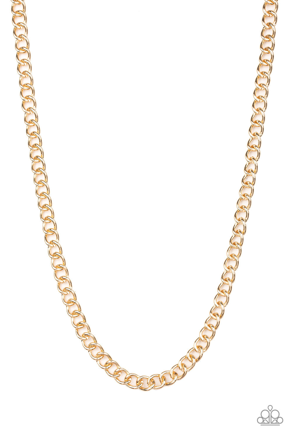 Full Court Gold Urban Necklace - Paparazzi Accessories Brushed in a high-sheen finish, a classic gold chain drapes across the chest for a casual look. Features an adjustable clasp closure. All Paparazzi Accessories are lead free and nickel free! Sold as one individual necklace. Get The Complete Look! Bracelet: "Sideline - Gold" (Sold Separately)