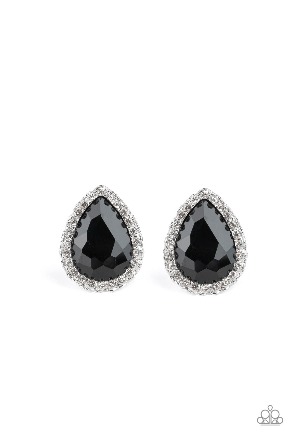 Dare To Shine Black Earring - Paparazzi Accessories Encrusted in a ring of glittery white rhinestones, an overly dramatic black teardrop gem is pressed into a textured silver frame for a glamorous look. Earring attaches to a standard post fitting. All Paparazzi Accessories are lead free and nickel free! Sold as one pair of post earrings.