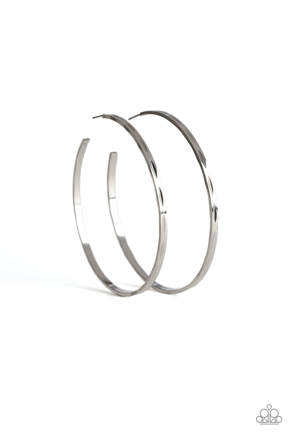 Full On Radical - Silver Item #P5HO-SVXX-196XX Featuring a high-sheen silver finish, a skinny hoop is stamped in a faceted pattern for an edgy look. Earring attaches to a standard post fitting. Hoop measures approximately 2 3/4" in diameter. Sold as one pair of hoop earrings.