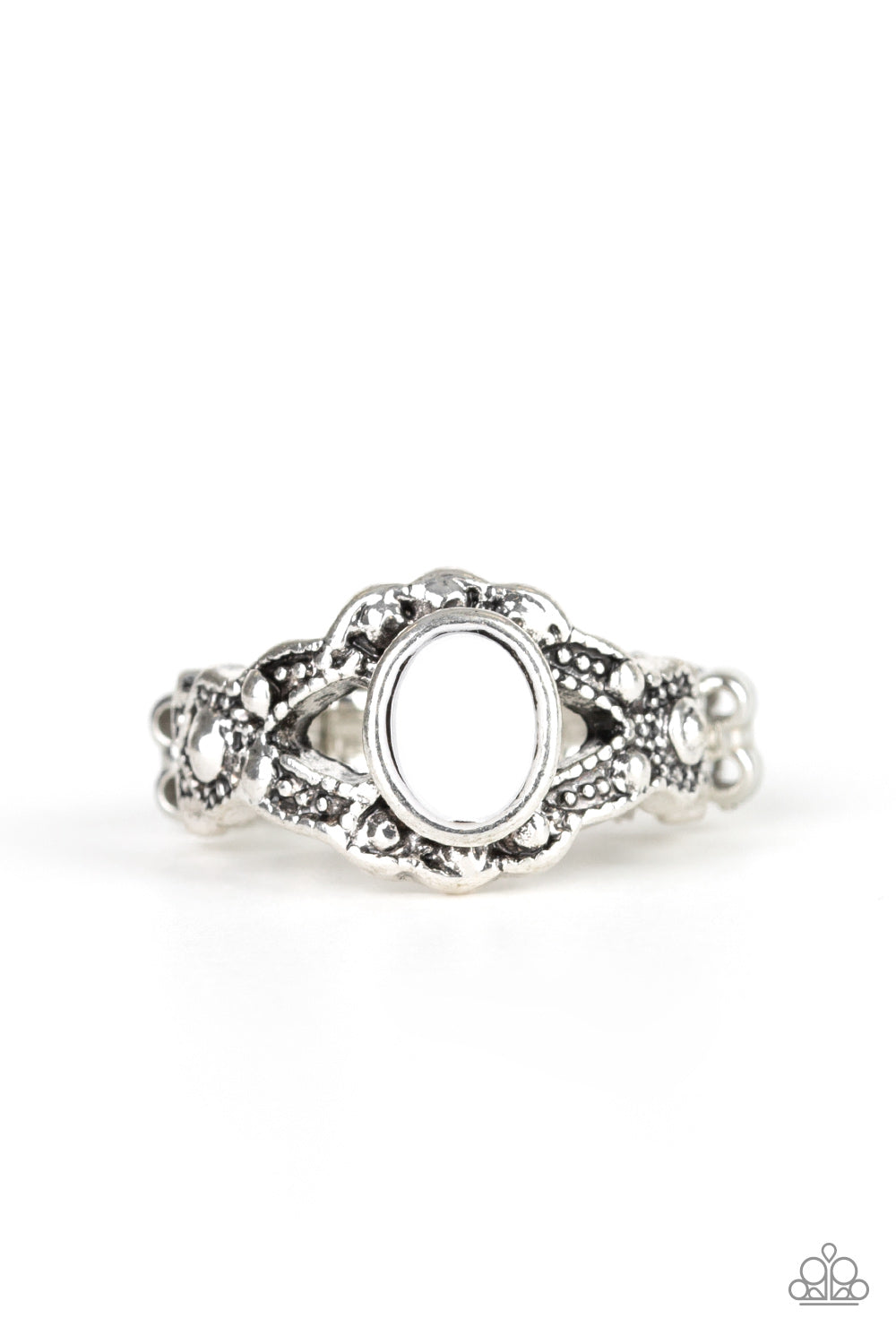 Definitely DOT! White Ring - Paparazzi Accessories A shiny white bead dots the center of a dainty silver band radiating with studded texture for a whimsical look. Features a dainty stretchy band for a flexible fit. All Paparazzi Accessories are lead free and nickel free! Sold as one individual ring.