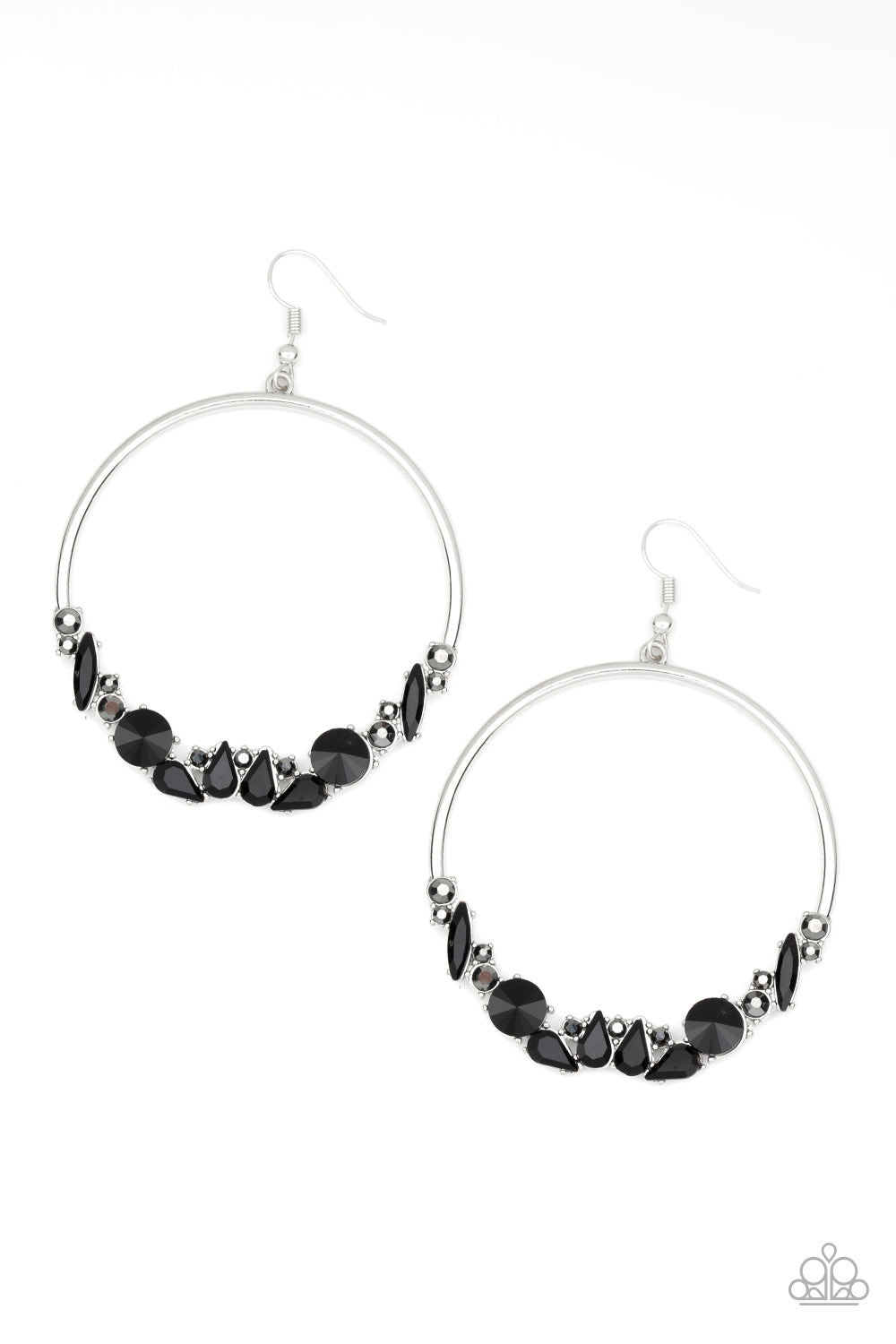 Business Casual Black Earring - Paparazzi Accessories Vary in size and shape, an edgy collection of black and hematite rhinestones are encrusted along the bottom of a silver hoop for a glamorous look. Earring attaches to a standard fishhook fitting. All Paparazzi Accessories are lead free and nickel free! Sold as one pair of earrings.