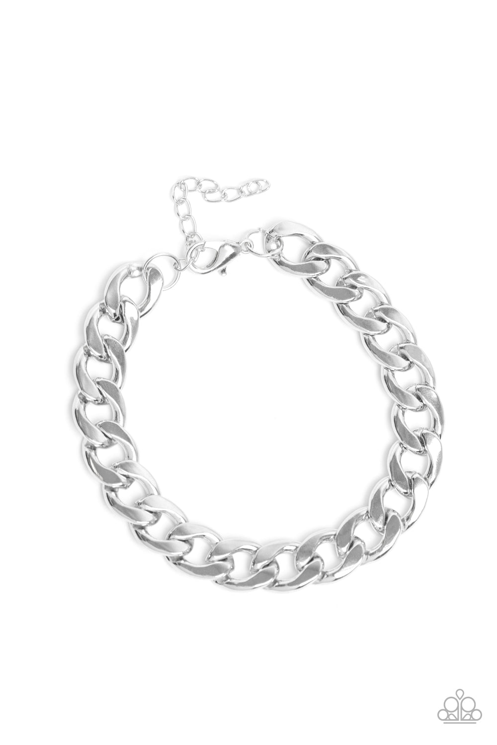 Leader Board Silver Urban Bracelet - Paparazzi Accessories. A thick strand of silver curb link chain is wrapped around the wrist for a classic look. Features an adjustable clasp closure. All Paparazzi Accessories are lead free and nickel free! Sold as one individual bracelet.