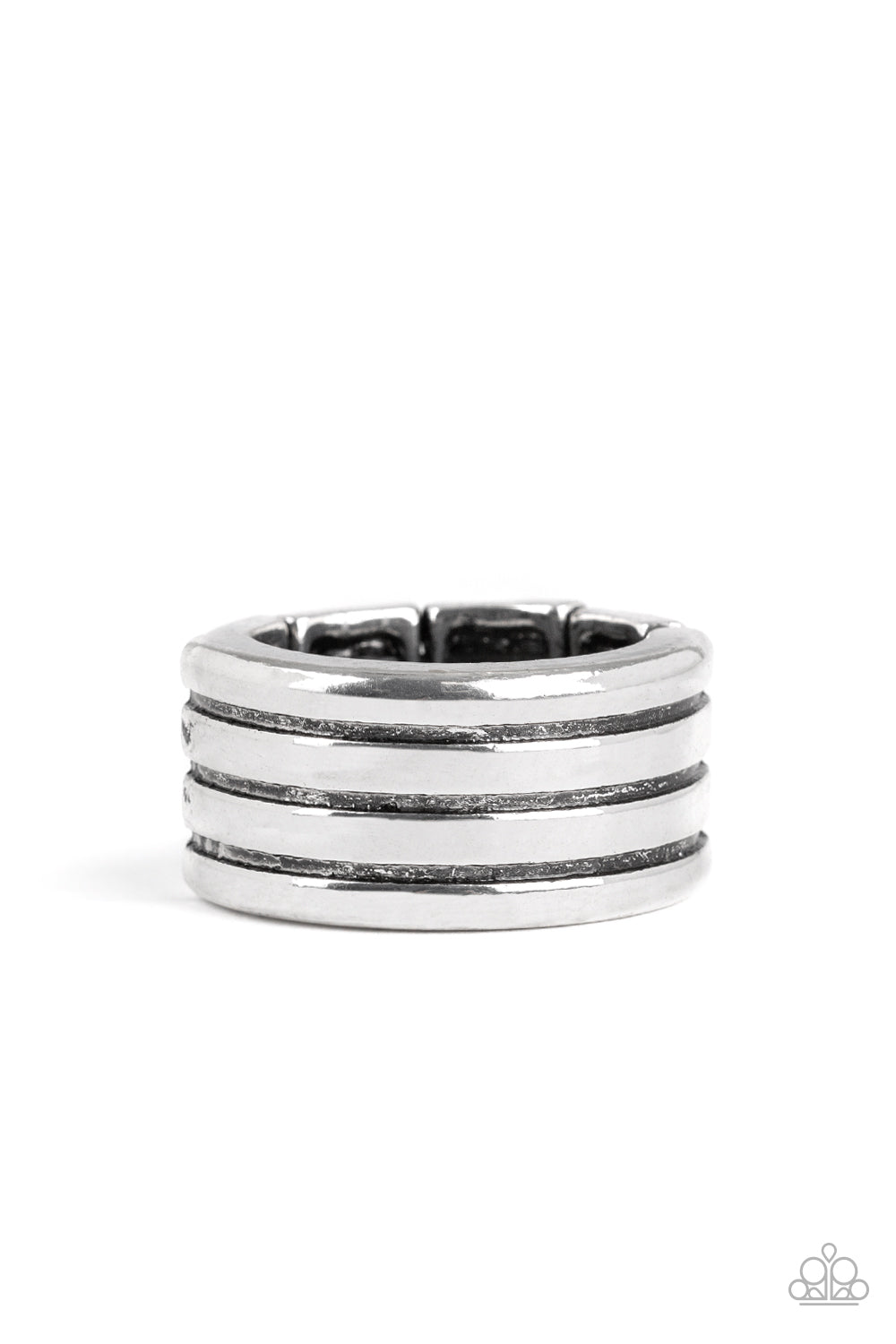 Zip Line Silver Urban Ring - Paparazzi Accessories Row after row of horizontal lines are engraved across the front of a thick silver band for a rustic look. Features a stretchy band for a flexible fit. Sold as one individual ring.