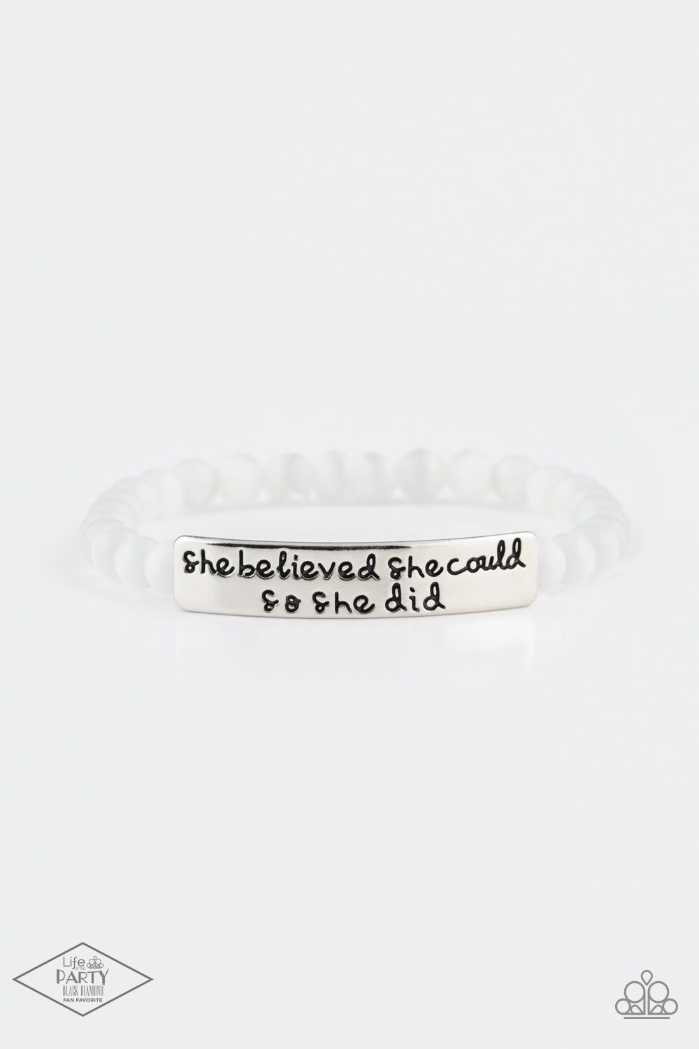 So She Did White Bracelet - Paparazzi Accessories A collection of dainty white cat’s eye stone beads and an antiqued frame stamped in the inspirational phrase, “She believed she could so she did” are threaded along a stretchy band around the wrist for a whimsical fashion. Sold as one individual bracelet. This Fan Favorite is back in the spotlight at the request of our 2021 Life of the Party member with Black Diamond Access, Amy K.