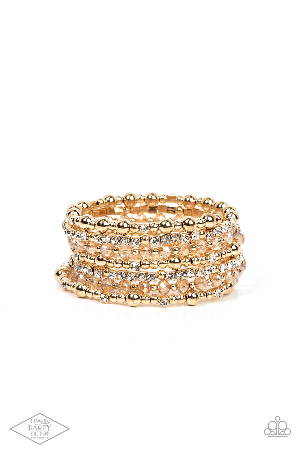 ICE Knowing You Gold Bracelet - Paparazzi Accessories An icy collection of gold beads, gold cubes, golden crystals, and glassy white rhinestones are threaded along a coiled wire, creating a blinding infinity wrap style bracelet around the wrist. Sold as one individual bracelet. This Fan Favorite is back in the spotlight at the request of our 2021 Life of the Party member with Black Diamond Access, Martha M.
