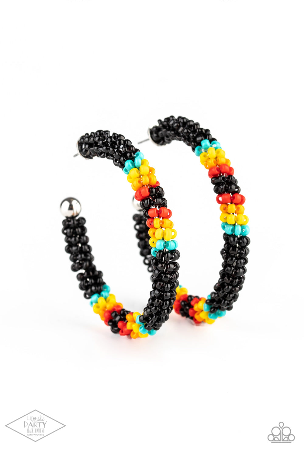 Bodaciously Beaded Black Hoop Earring - Paparazzi Accessories A colorful strand of black, blue, yellow, orange, and red seed beads wraps around a shiny silver hoop, creating a colorfully seasonal look. Earring attaches to a standard post fitting. Hoop measures approximately 2" in diameter. All Paparazzi Accessories are lead free and nickel free! Sold as one pair of hoop earrings. This Fan Favorite is back in the spotlight!