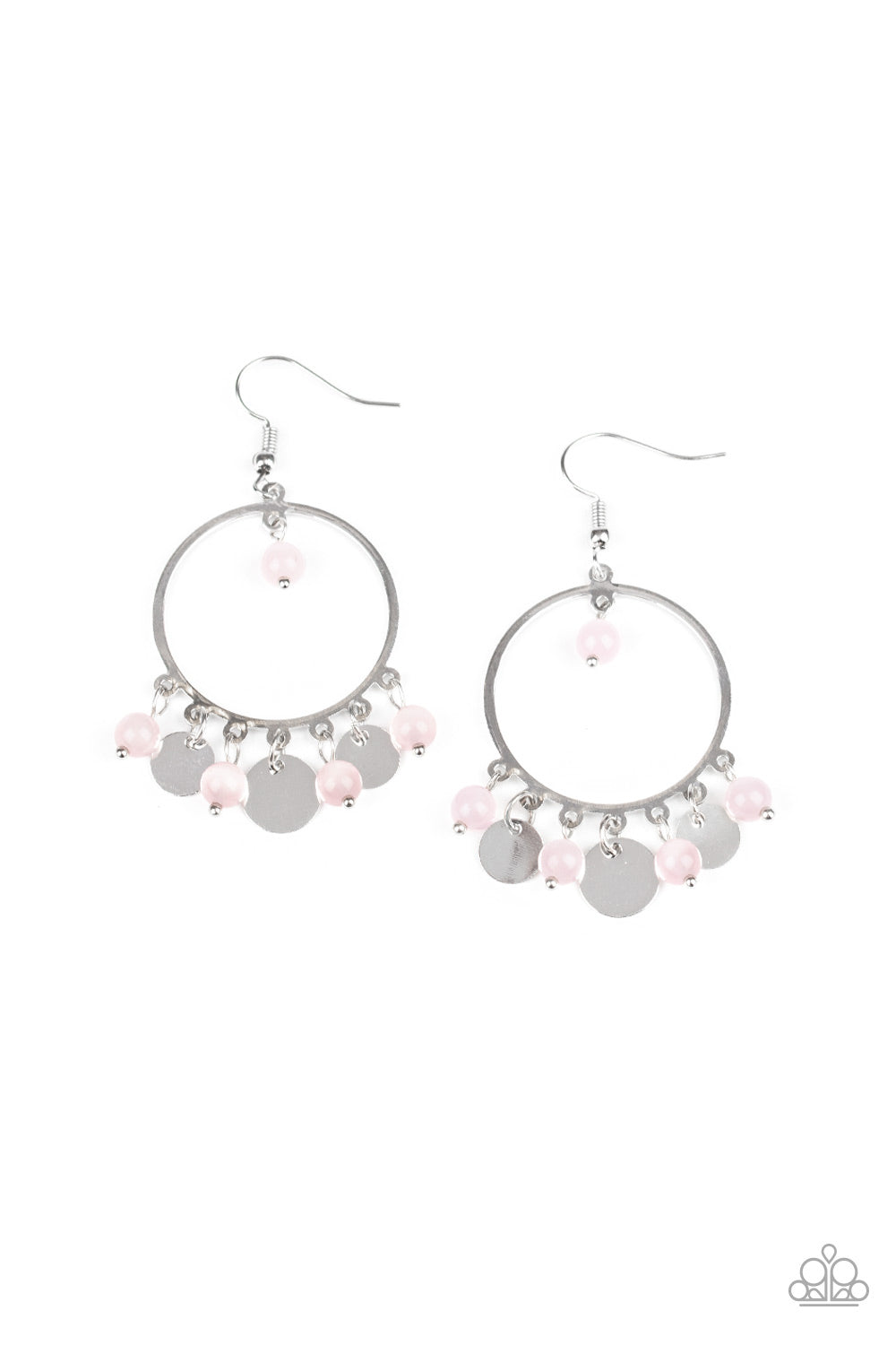 Bubbly Buoyancy - Pink Item #E352 Dainty silver discs and glassy pink beads swing from the bottom of a shimmery silver hoop, creating a colorful fringe. A solitaire pink bead swings from the top of the hoop for a bubbly finish. Earring attaches to a standard fishhook fitting. All Paparazzi Accessories are lead free and nickel free! Sold as one pair of earrings.