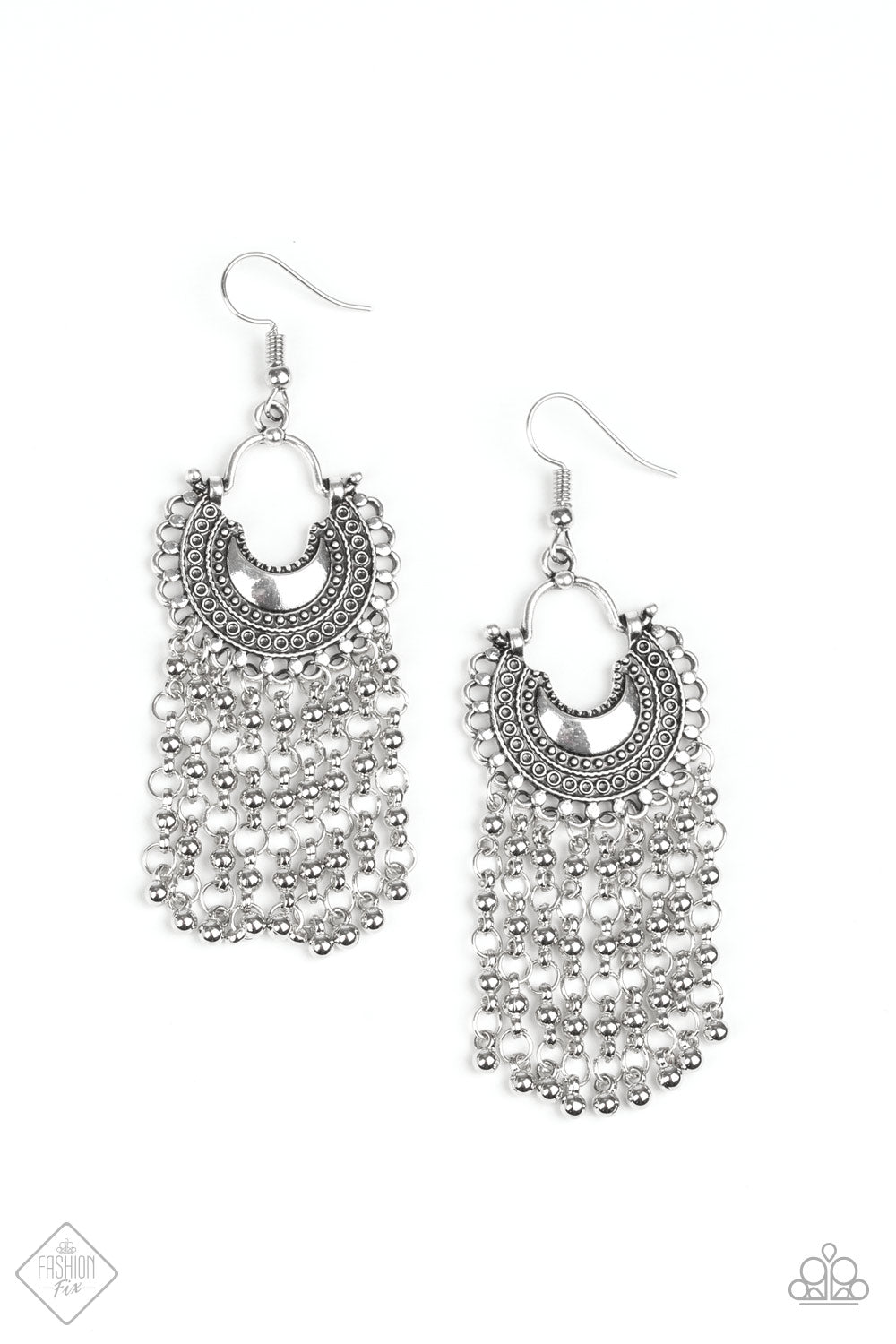 Catching Dreams Silver Earring - Paparazzi Accessories Item #E148 Beaded silver chains stream from the bottom of a textured half-moon silver frame, creating a dreamy fringe. Earring attaches to a standard fishhook fitting. All Paparazzi Accessories are lead free and nickel free! Sold as one pair of earrings.