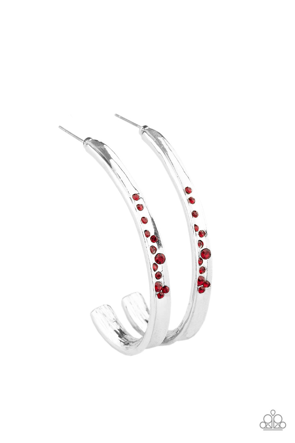 Completely Hooked - Red Item #JJG-E171 Featuring a concaved surface, a glistening silver ribbon is encrusted in a section of glassy red rhinestones as it curves into a half-hoop. Earring attaches to a standard post fitting. Hoop measures approximately 1 1/4" in diameter. All Paparazzi Accessories are lead free and nickel free! Sold as one pair of hoop earrings.