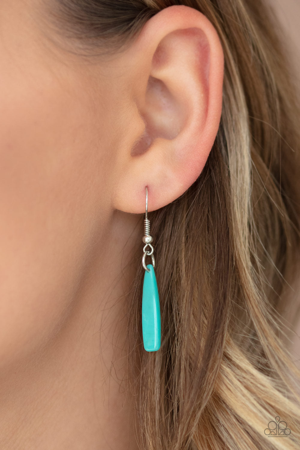Out of My Element Blue Acrylic LOP Necklace - Paparazzi Accessories Item #N84 Flanked by dainty silver beads, shiny turquoise rod-like acrylic frames are threaded along an invisible wire, creating a colorful fringe below the collar. Features an adjustable clasp closure. All Paparazzi Accessories are lead free and nickel free! Sold as one individual necklace. Includes one pair of matching earrings.