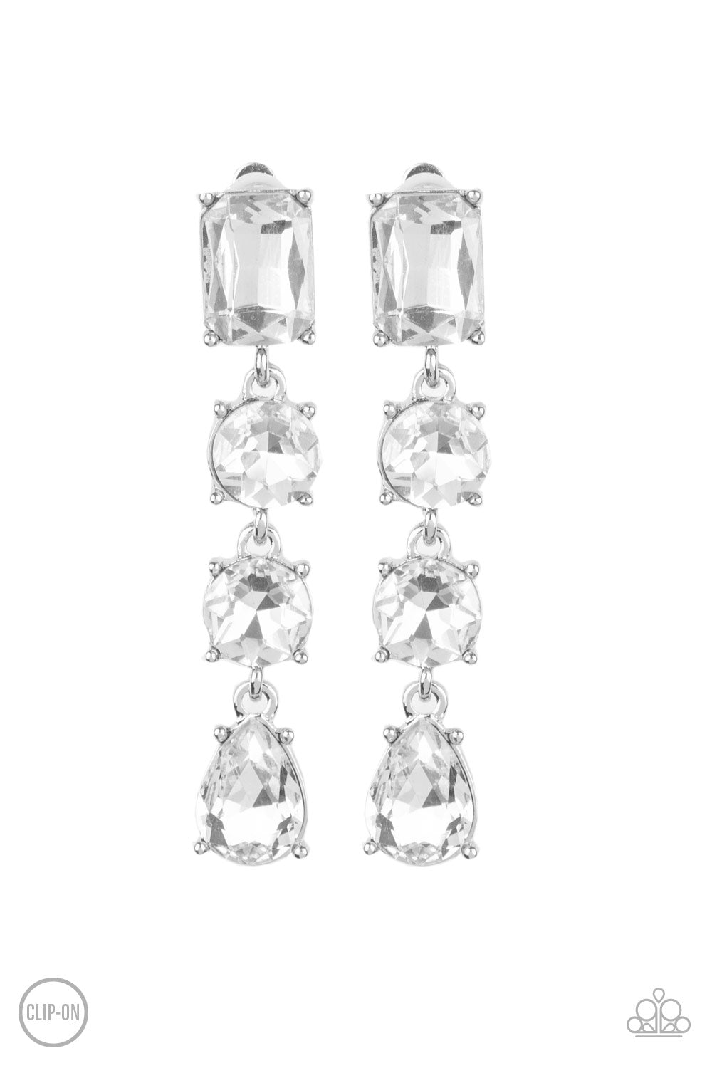 Make A-LIST White Earring - Paparazzi Accessories Featuring a glassy white finish, a collection of emerald, round, and teardrop cut rhinestones drip from the ear, connecting into a glamorous lure. Earring attaches to a standard clip-on fitting. All Paparazzi Accessories are lead free and nickel free! Sold as one pair of clip-on earrings.
