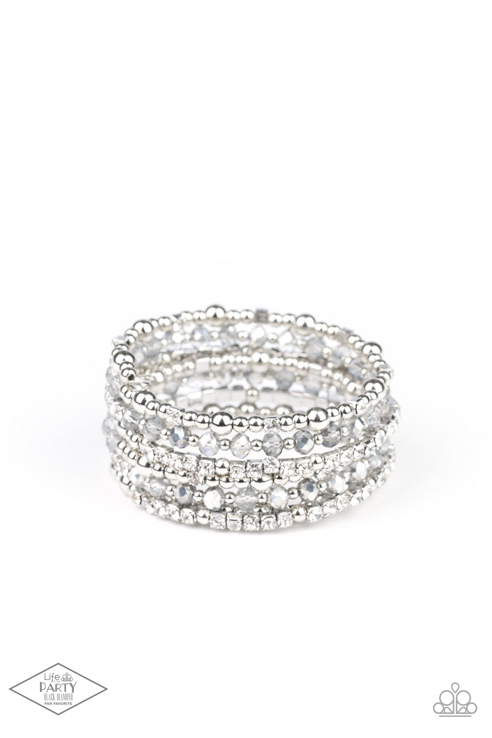 ICE Knowing You Silver Bracelet - Paparazzi Accessories An icy collection of silver beads, silver cubes, metallic crystals, and glassy white rhinestones are threaded along a coiled wire, creating a blinding infinity wrap style bracelet around the wrist. All Paparazzi Accessories are lead free and nickel free! Sold as one individual bracelet.